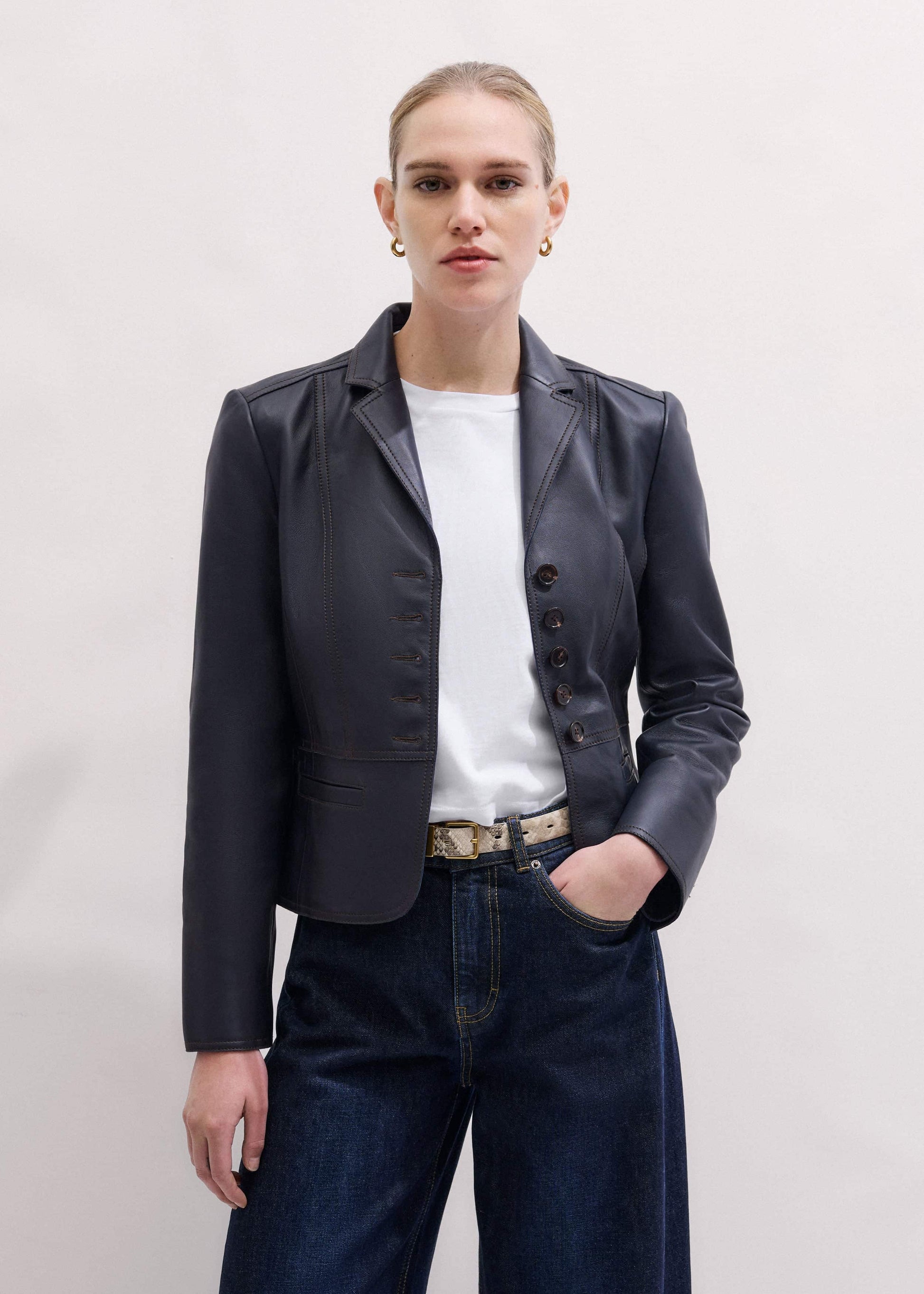 ME and EM Clothing Navy Leather Luxe Short Fitted Blazer
