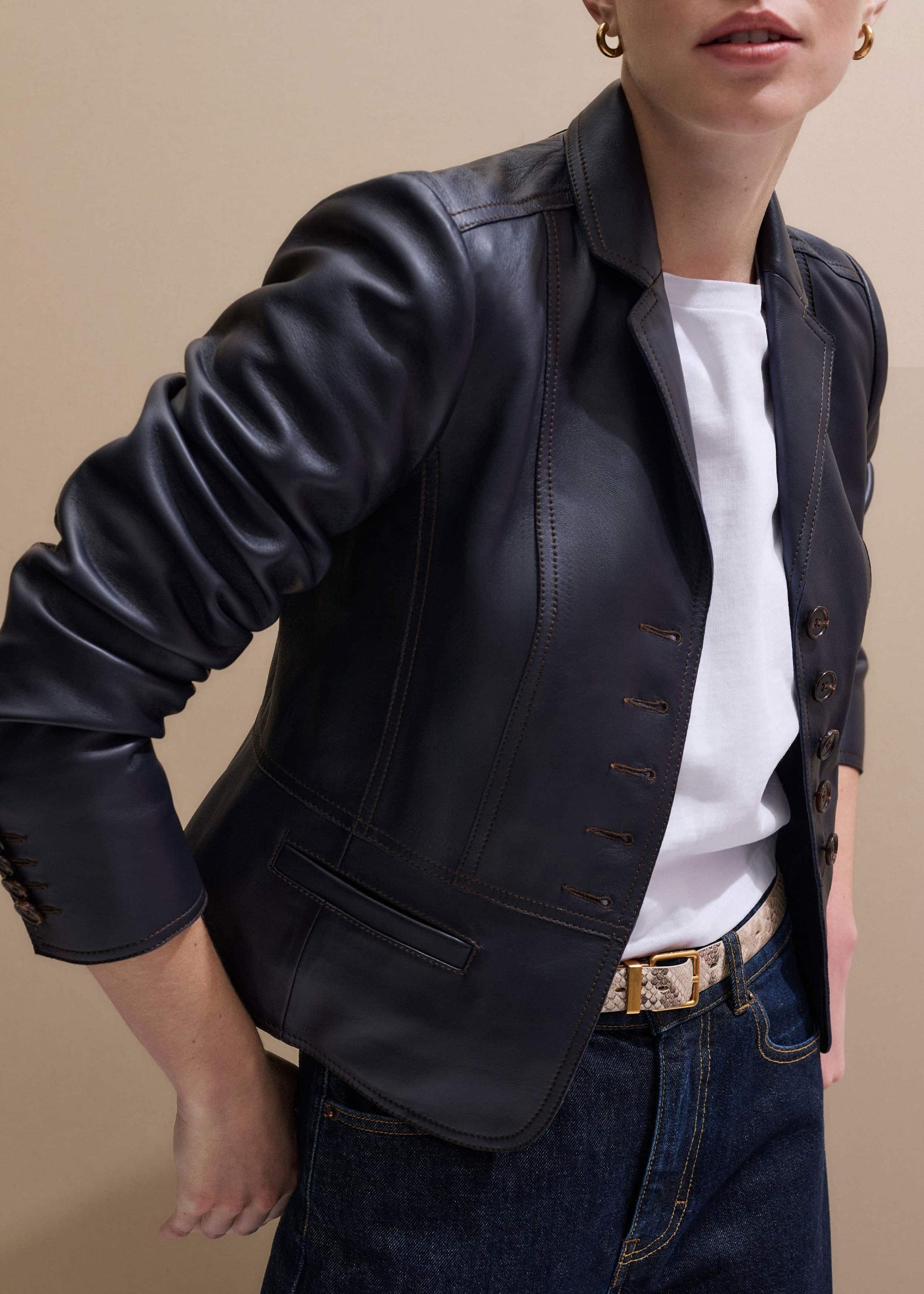 ME and EM Clothing Navy Leather Luxe Short Fitted Blazer