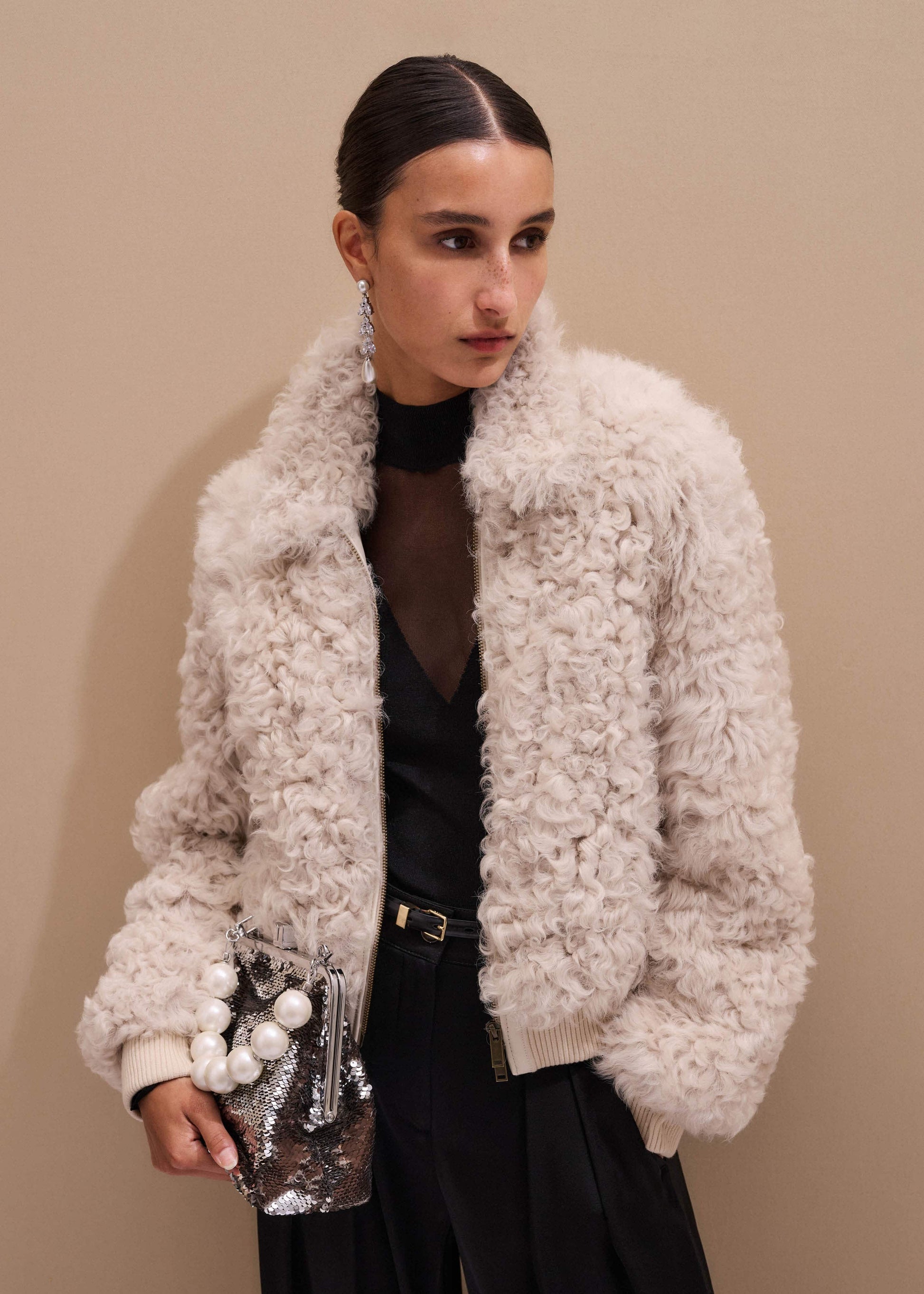 ME and EM Clothing Cream Luxe Shearling Bomber Jacket