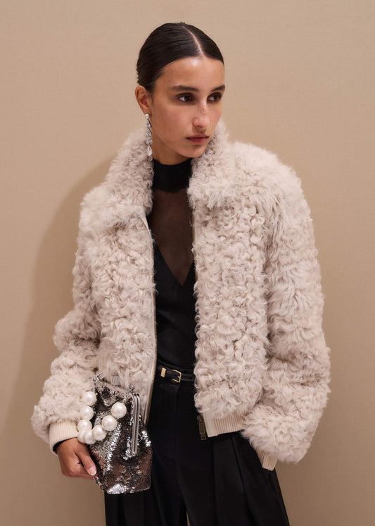 ME and EM Clothing Cream Luxe Shearling Bomber Jacket