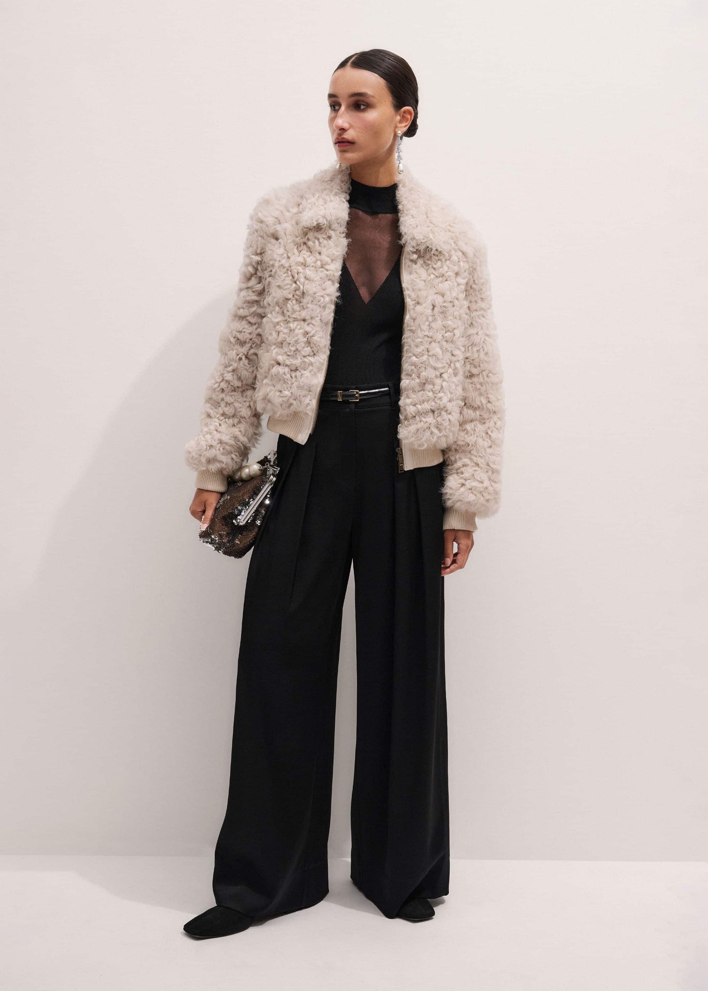 ME and EM Clothing Cream Luxe Shearling Bomber Jacket