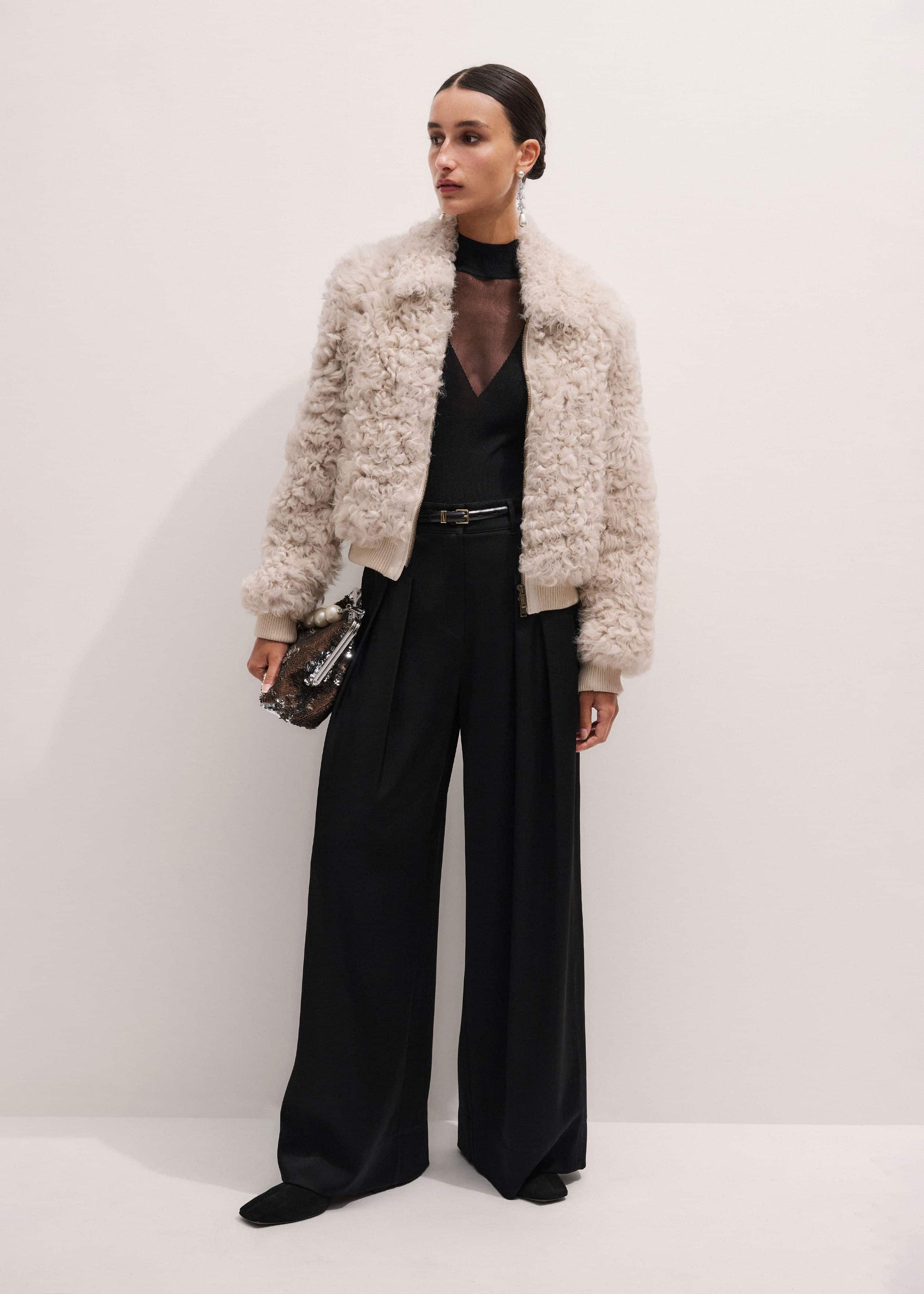 ME and EM Clothing Cream Luxe Shearling Bomber Jacket