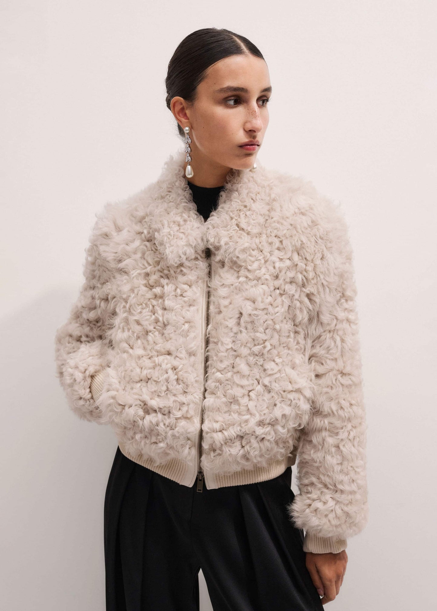 ME and EM Clothing Cream Luxe Shearling Bomber Jacket