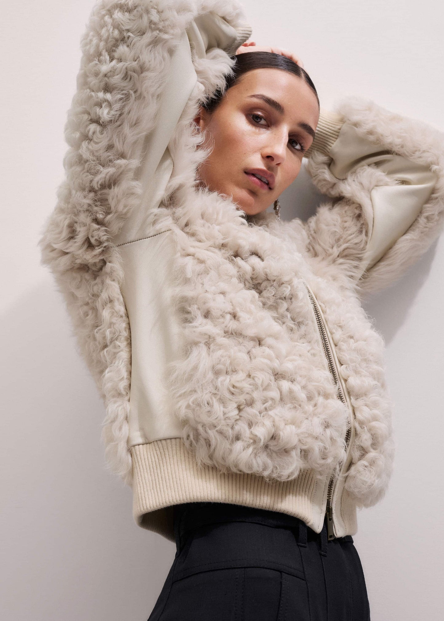ME and EM Clothing Cream Luxe Shearling Bomber Jacket