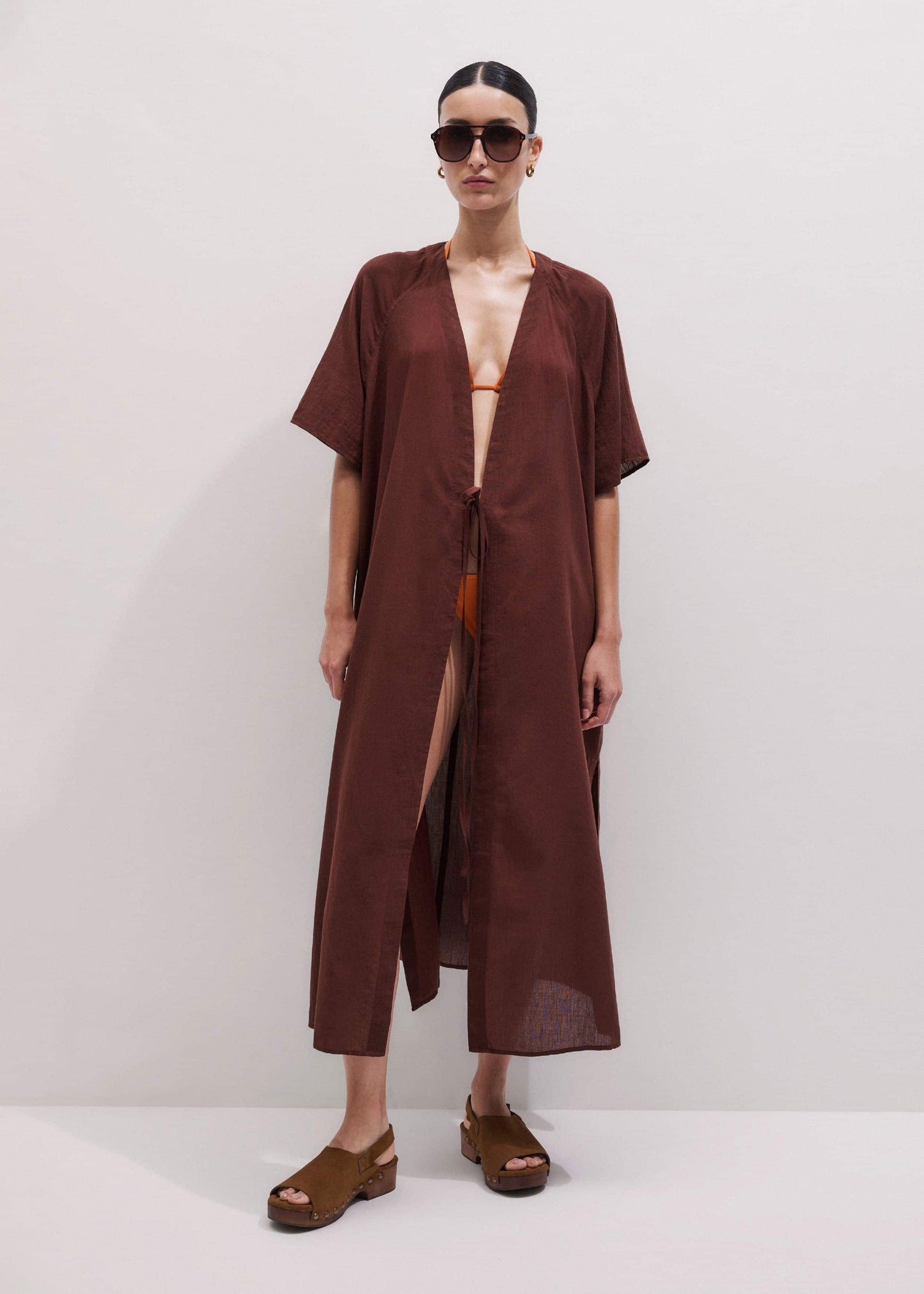 ME and EM Clothing Cinnamon Brown Tie Front Maxi Cover Up