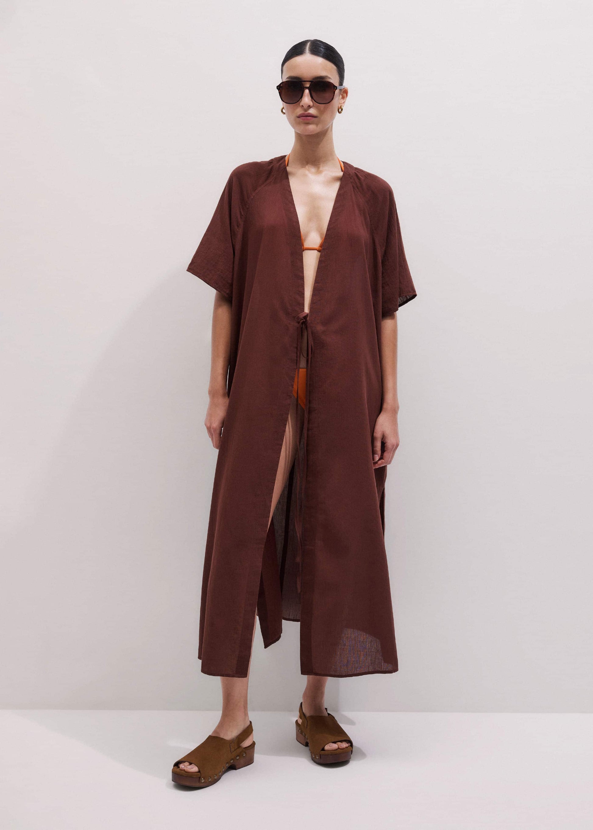 ME and EM Clothing Cinnamon Brown Tie Front Maxi Cover Up