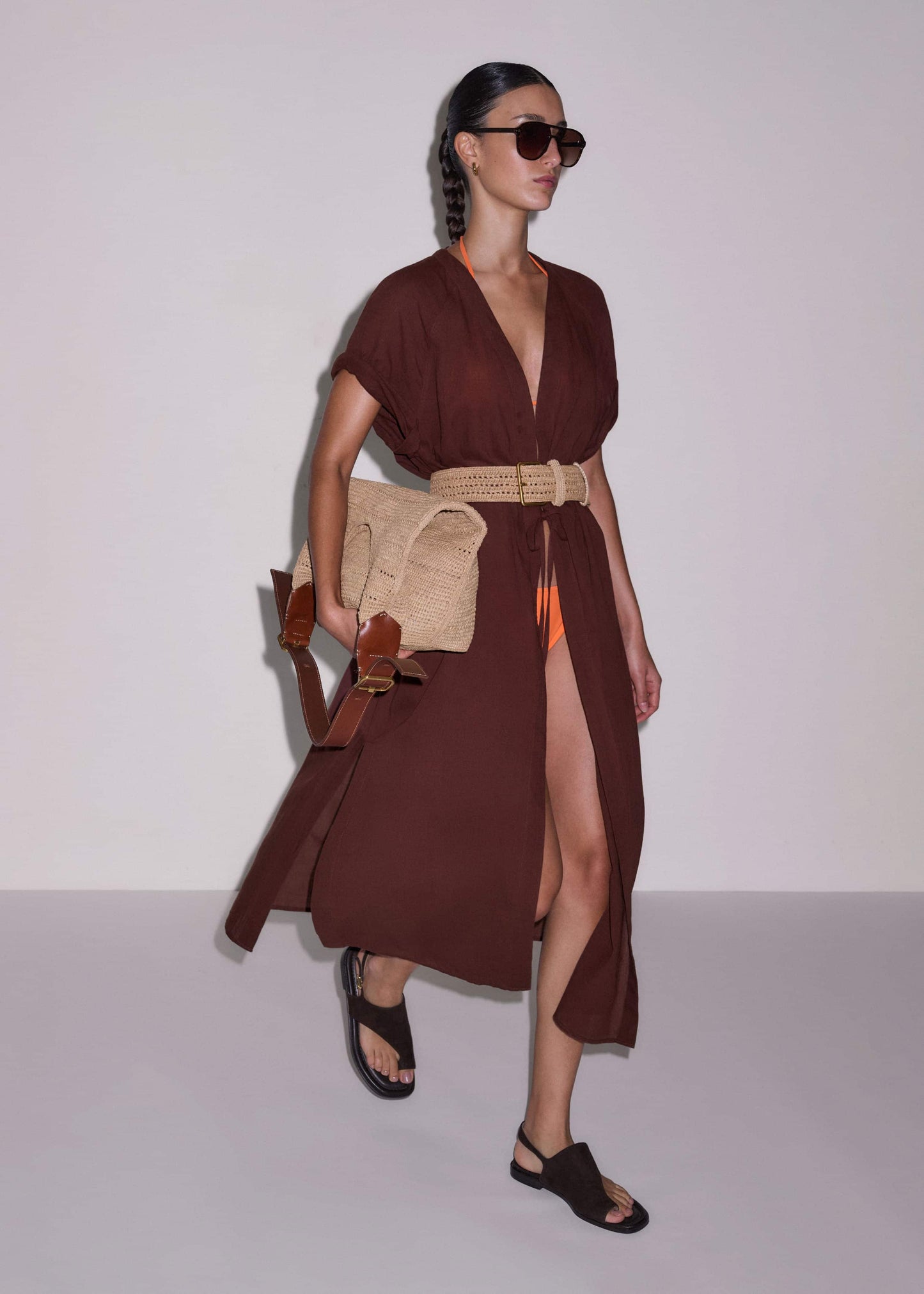 ME and EM Clothing Cinnamon Brown Tie Front Maxi Cover Up