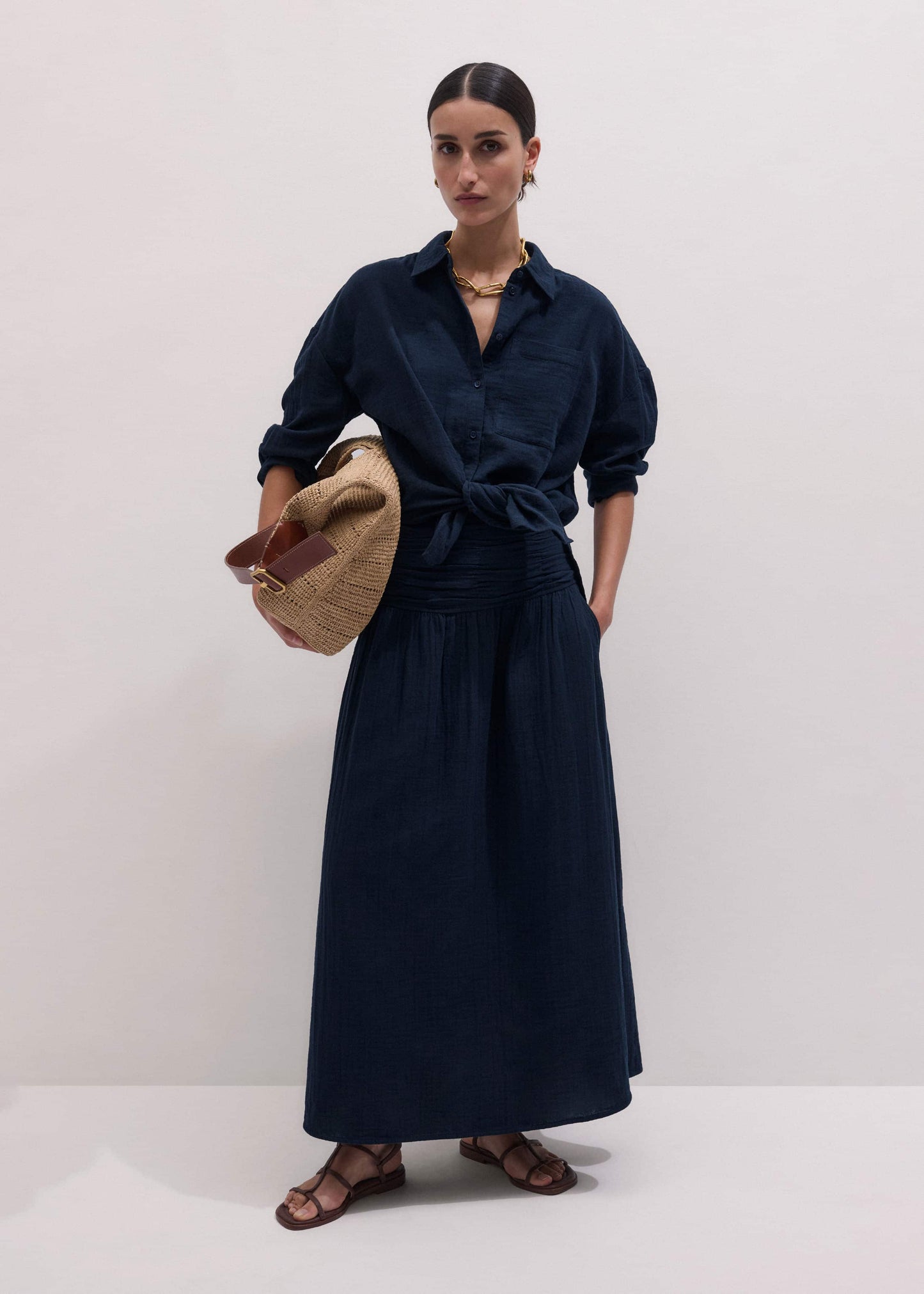 ME and EM Clothing Navy Cheesecloth Relaxed Maxi Skirt