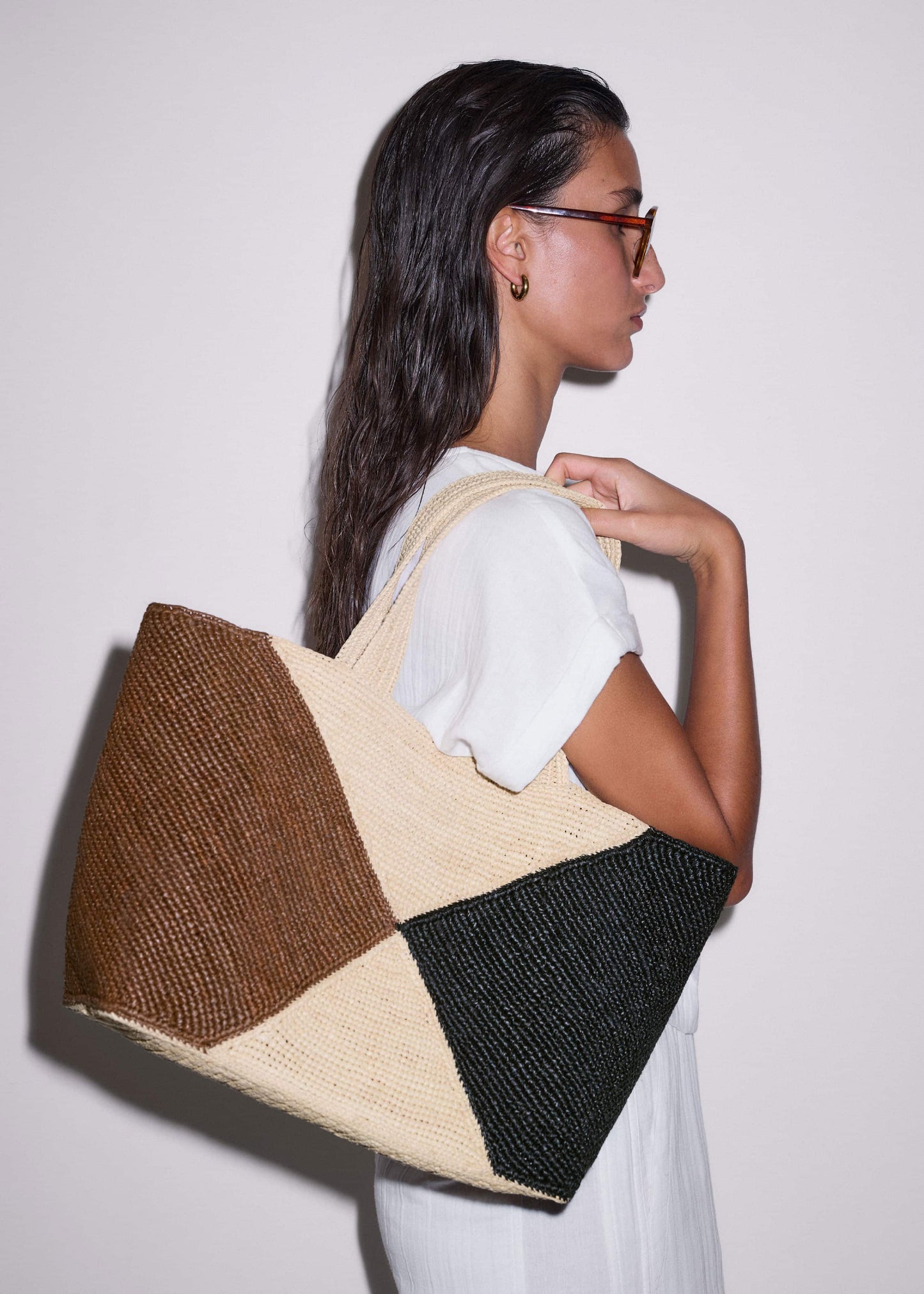 ME and EM Clothing|Accessories Brown Contrast Raffia Tote Bag
