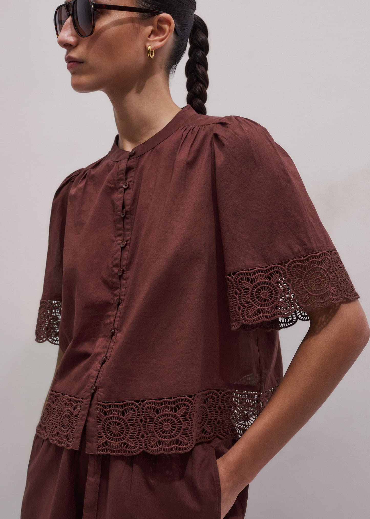 ME and EM Clothing Cinnamon Brown Lace Trim Crop Top