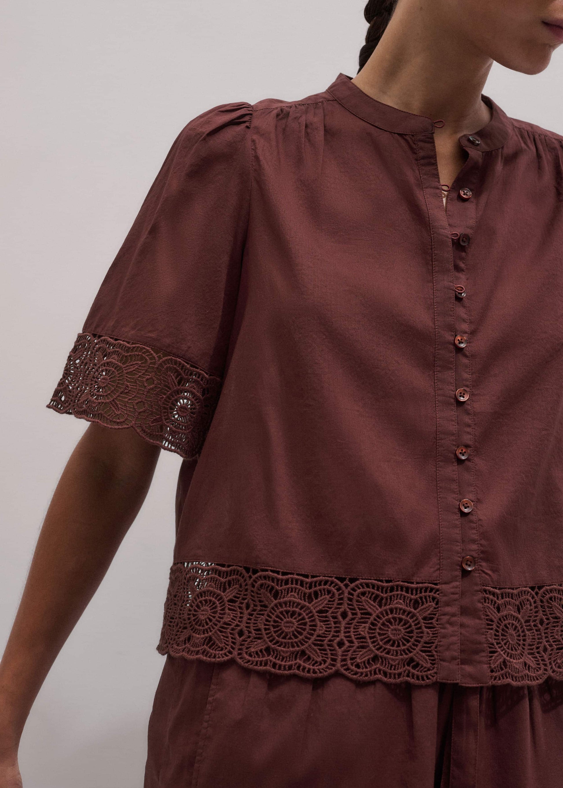 ME and EM Clothing Cinnamon Brown Lace Trim Crop Top