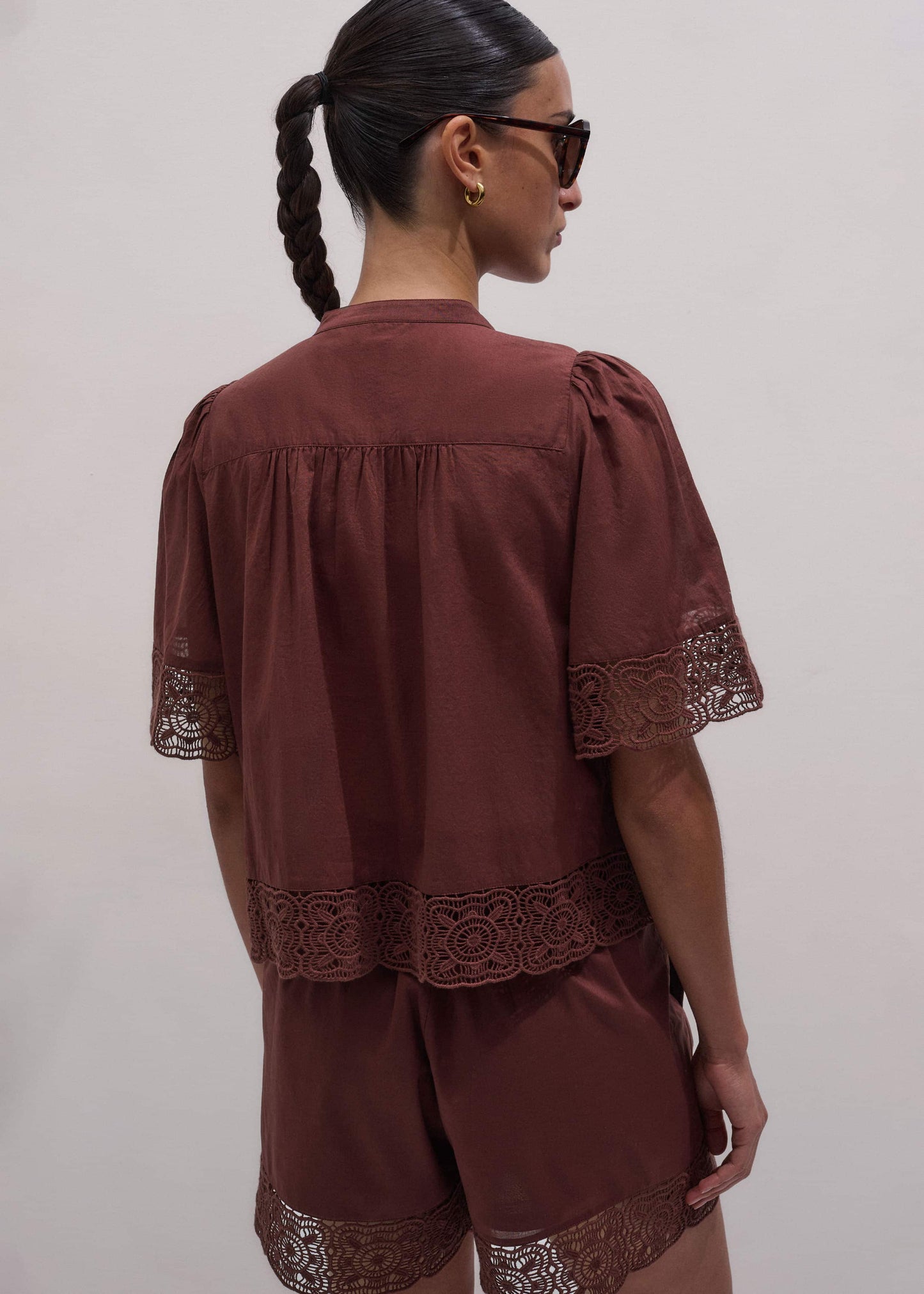 ME and EM Clothing Cinnamon Brown Lace Trim Crop Top
