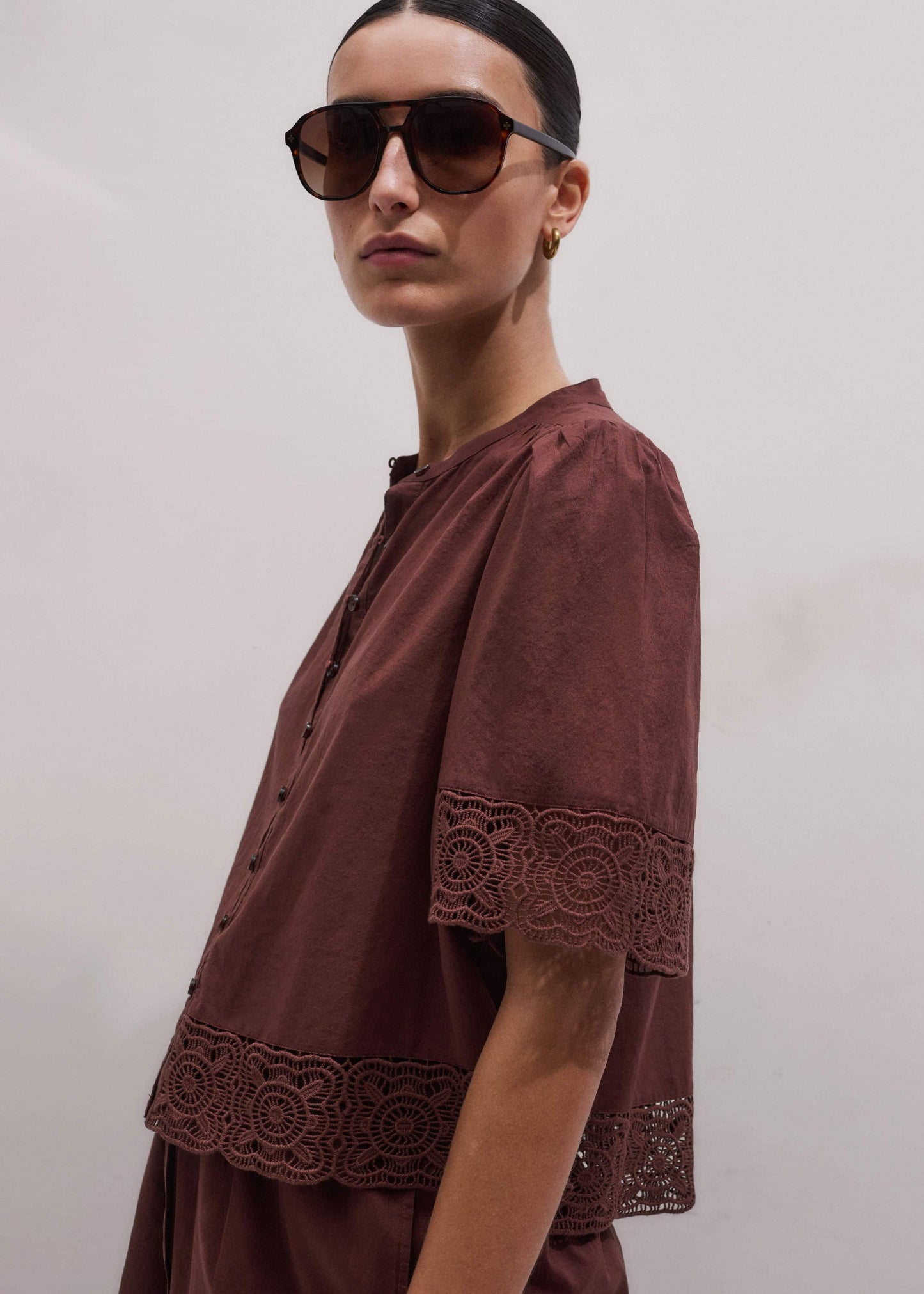 ME and EM Clothing Cinnamon Brown Lace Trim Crop Top