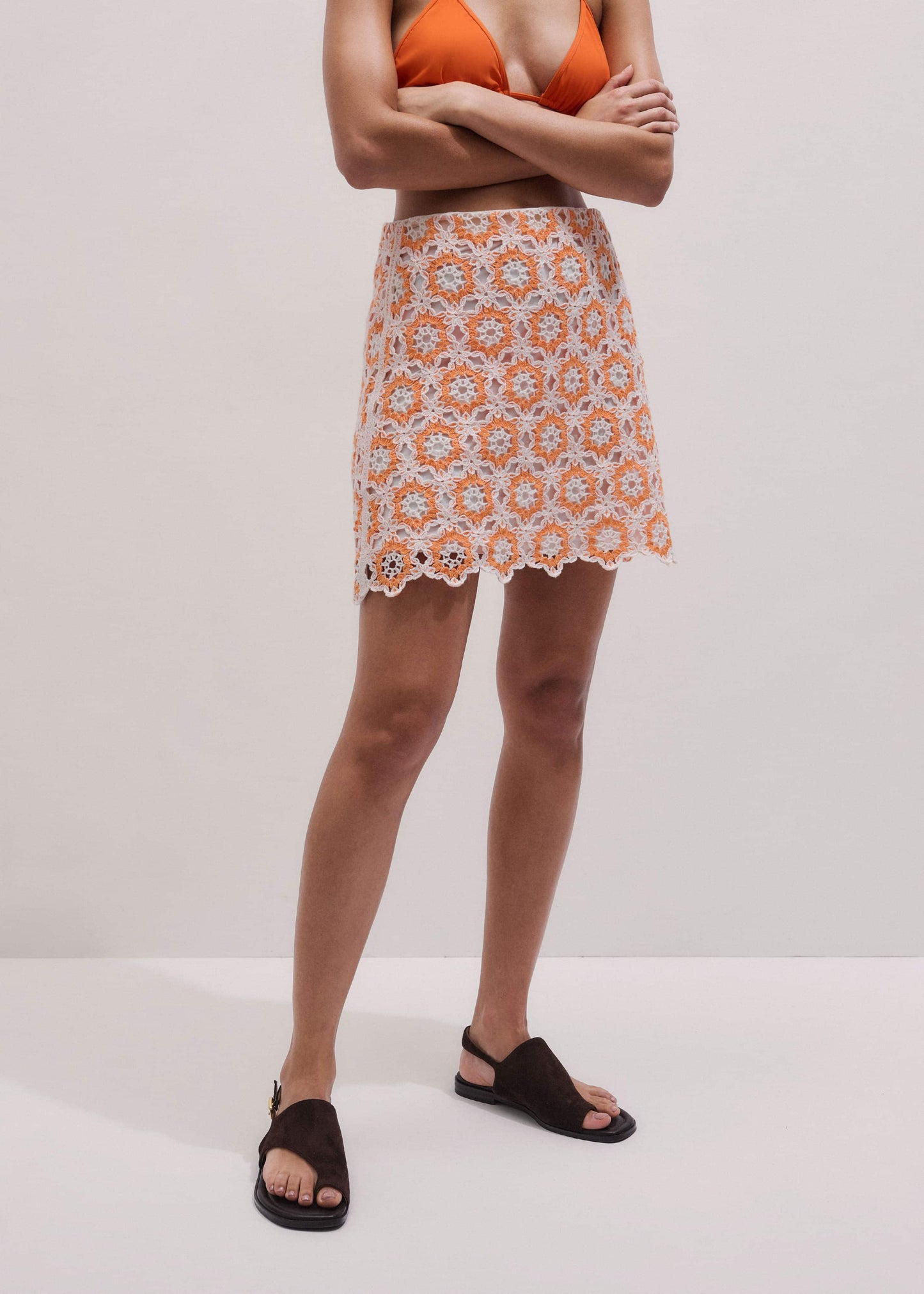 ME and EM Clothing Orange Floral Crochet Mini Beach Skirt