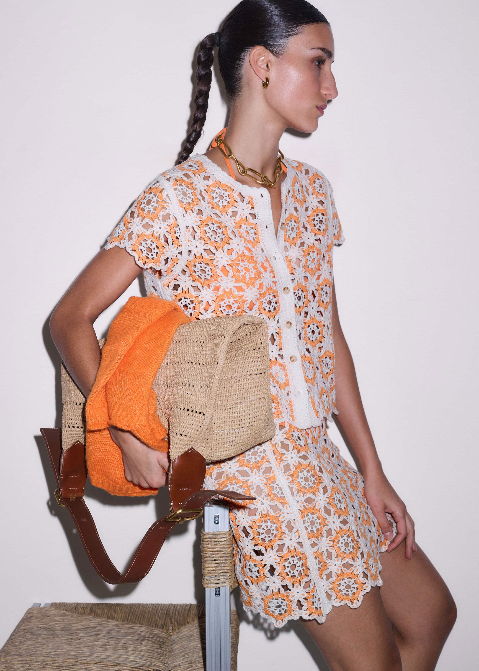 ME and EM Clothing Orange Floral Crochet Mini Beach Skirt