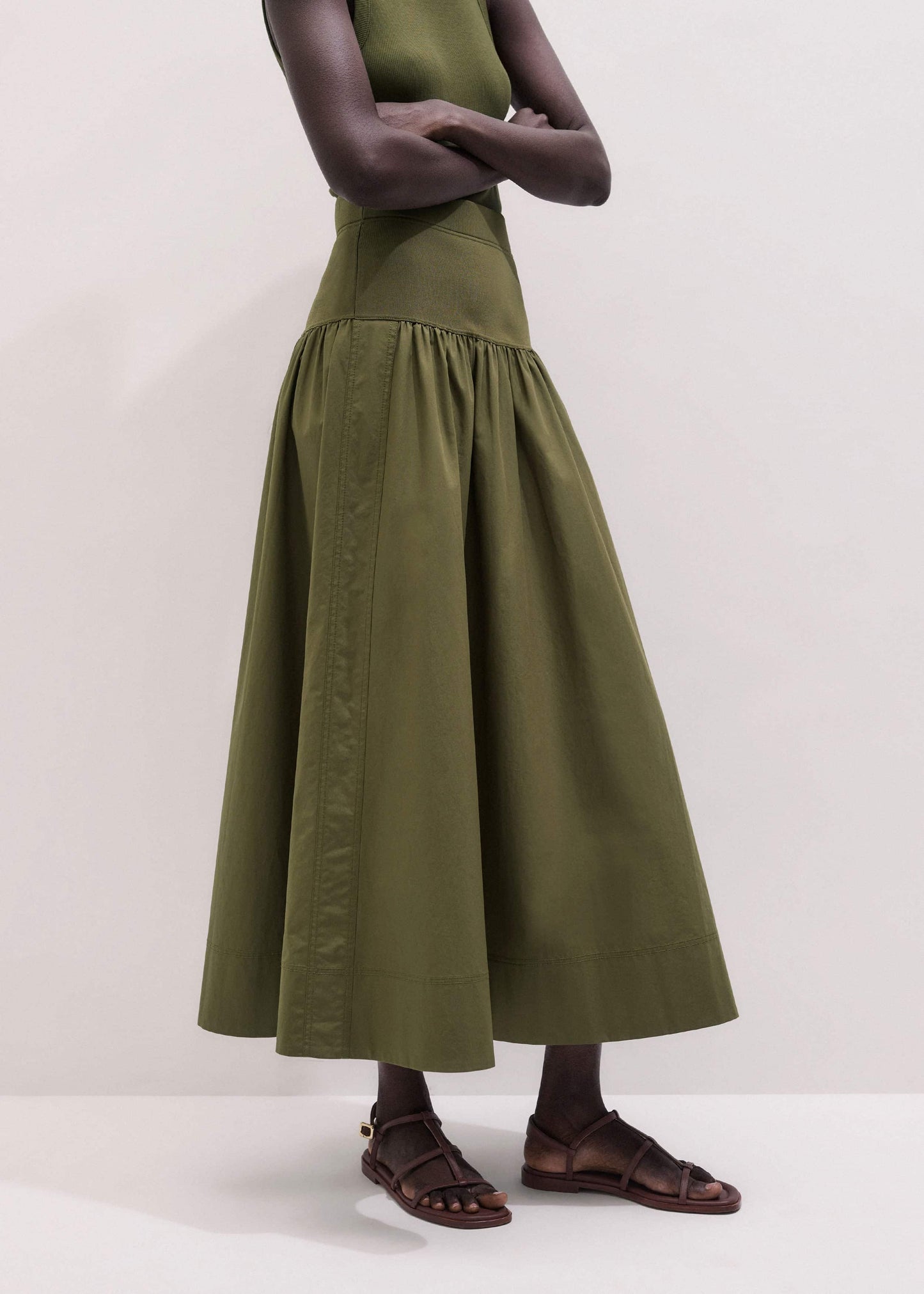 ME and EM Clothing Olive Green Mixed Media Maxi Skirt