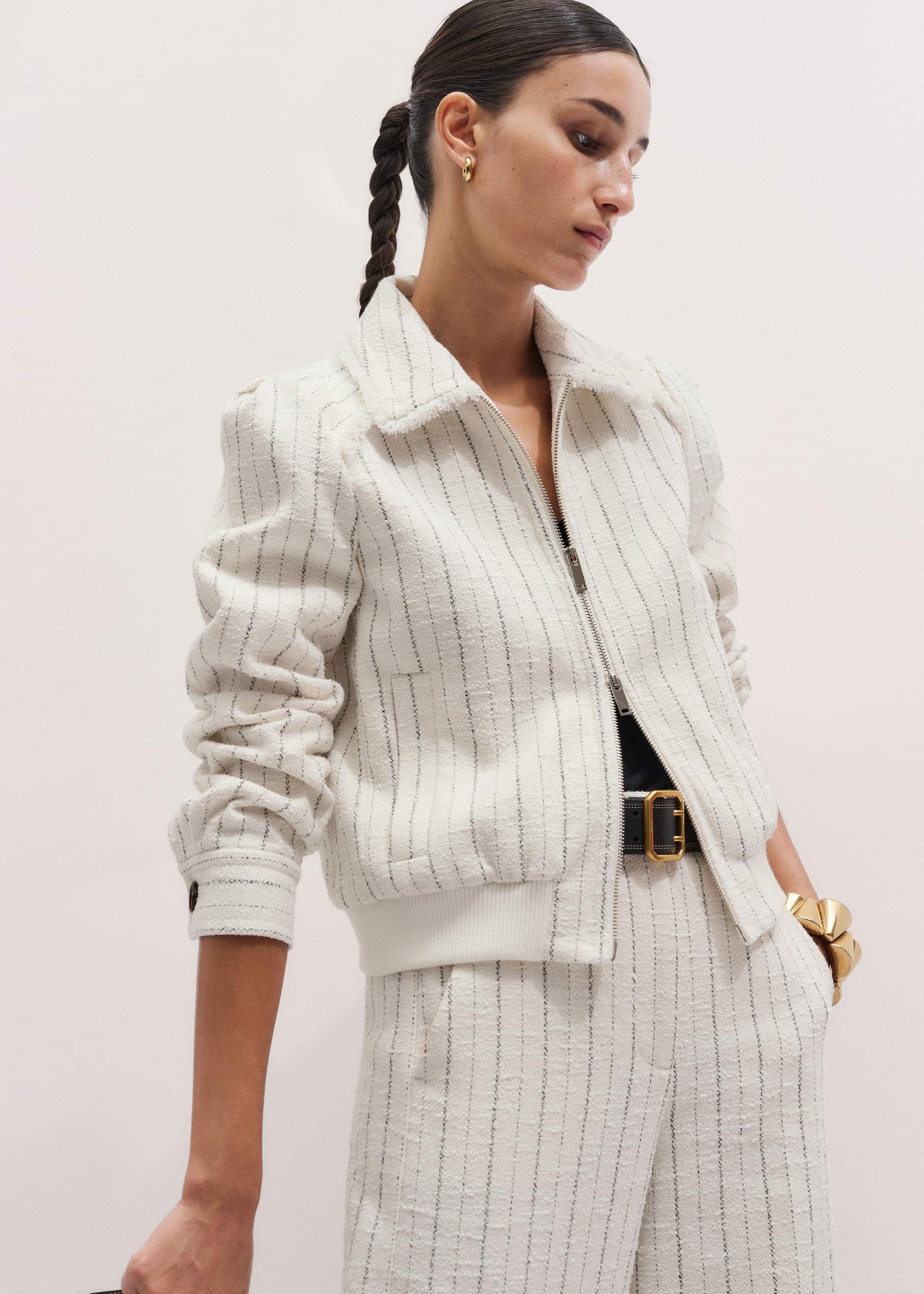 ME and EM Clothing Ivory Stripe Bomber Jacket