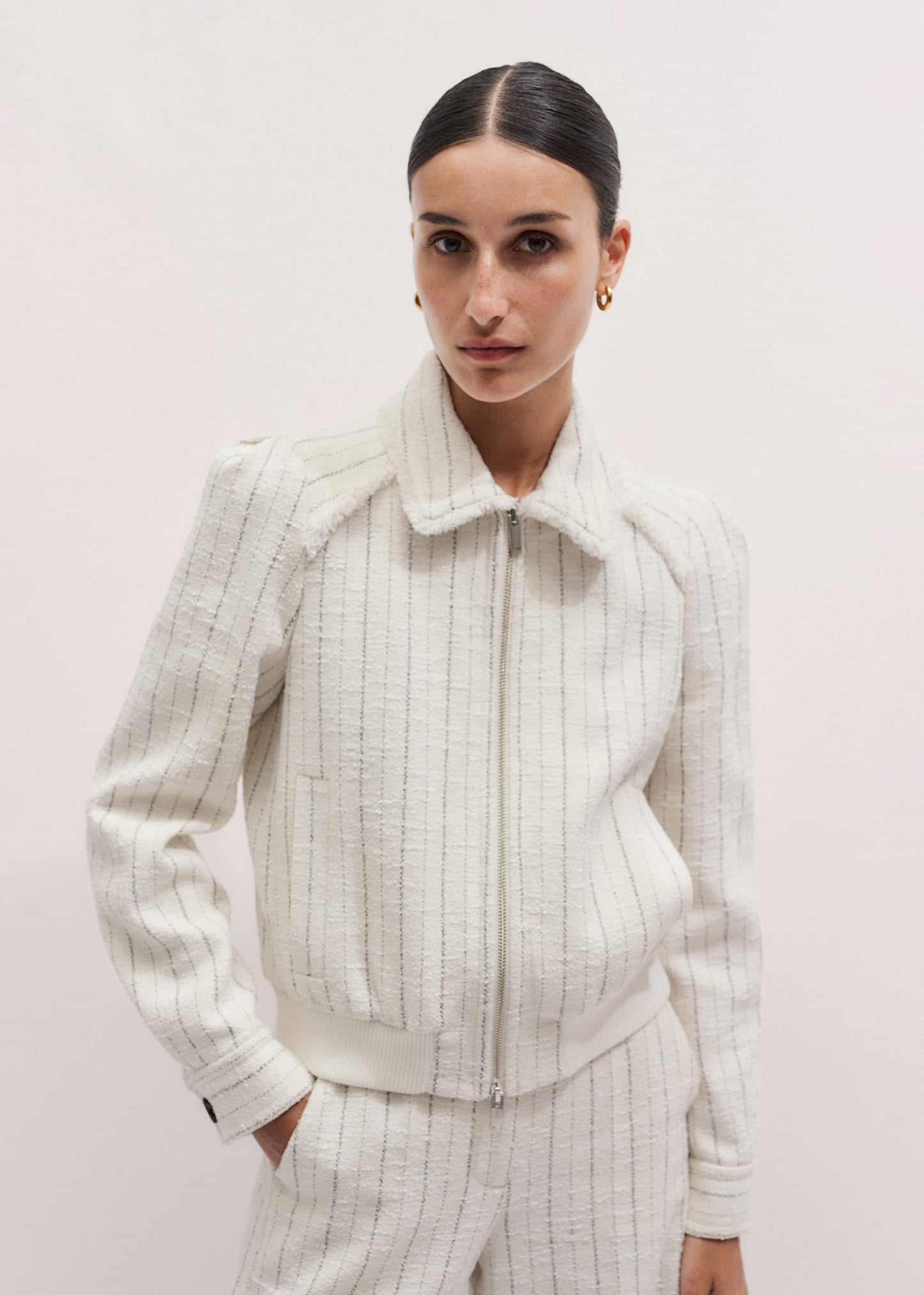 ME and EM Clothing Ivory Stripe Bomber Jacket