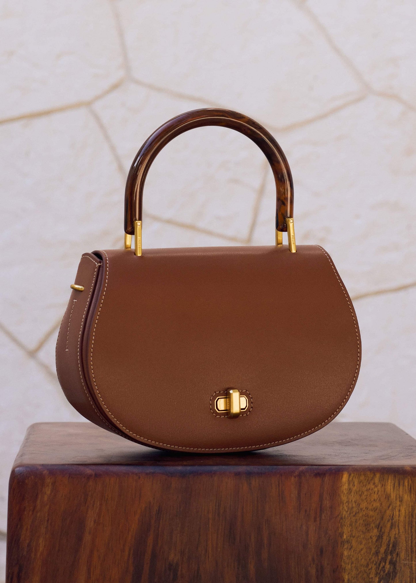 ME and EM Clothing Dark Tan Resin Top Handle Structured Saddle Bag