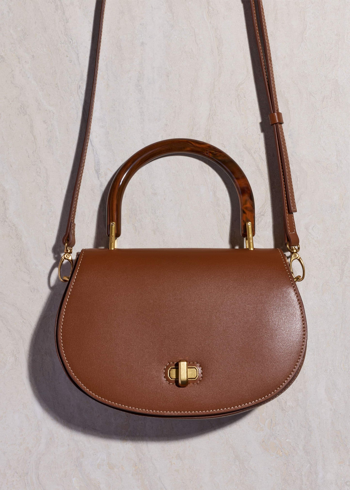 ME and EM Clothing Dark Tan Resin Top Handle Structured Saddle Bag