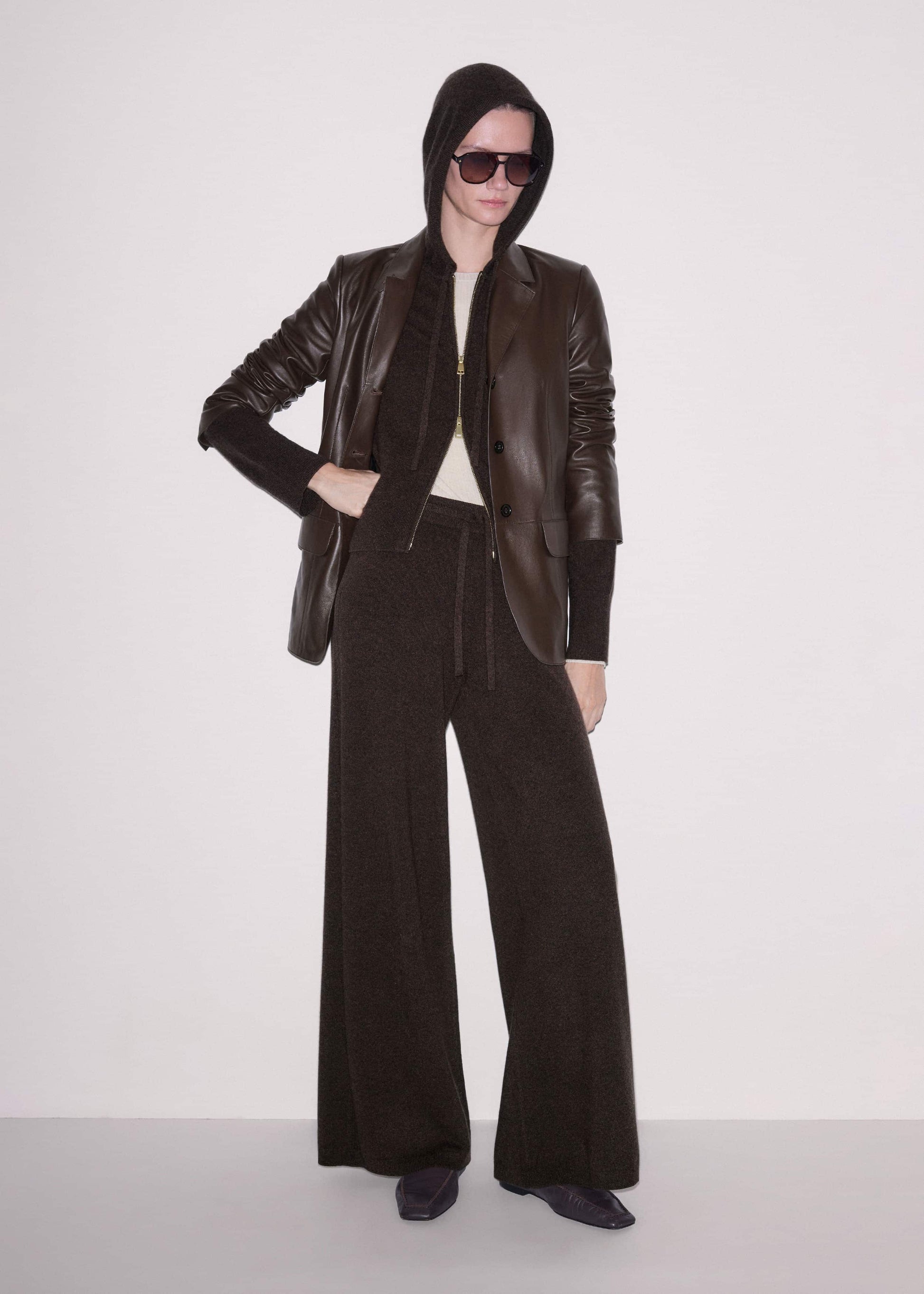 ME and EM Clothing Brown Cashmere Straight Hoodie + Wide-Leg Pant Knitted Co-ord
