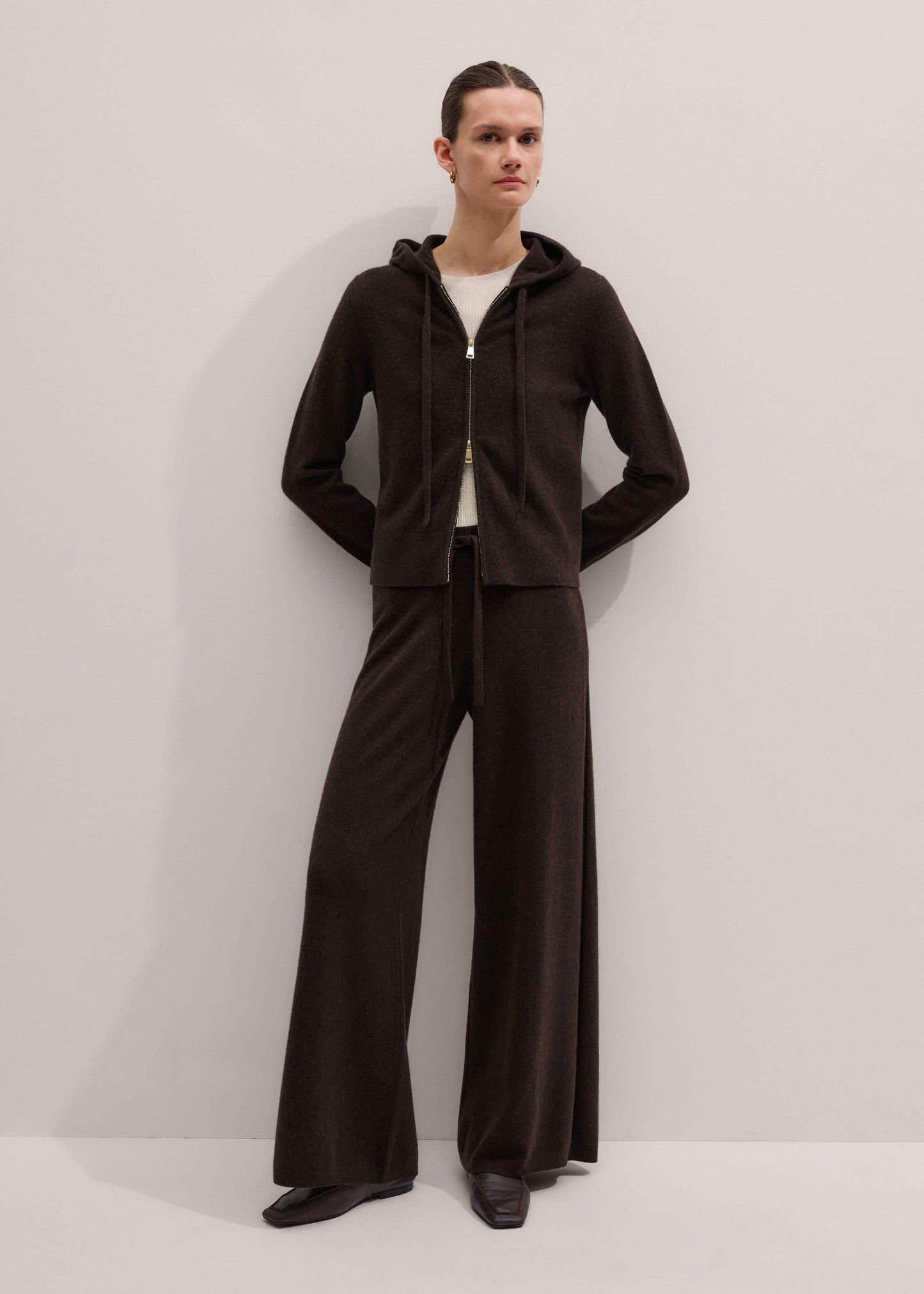 ME and EM Clothing Brown Cashmere Straight Hoodie + Wide-Leg Pant Knitted Co-ord