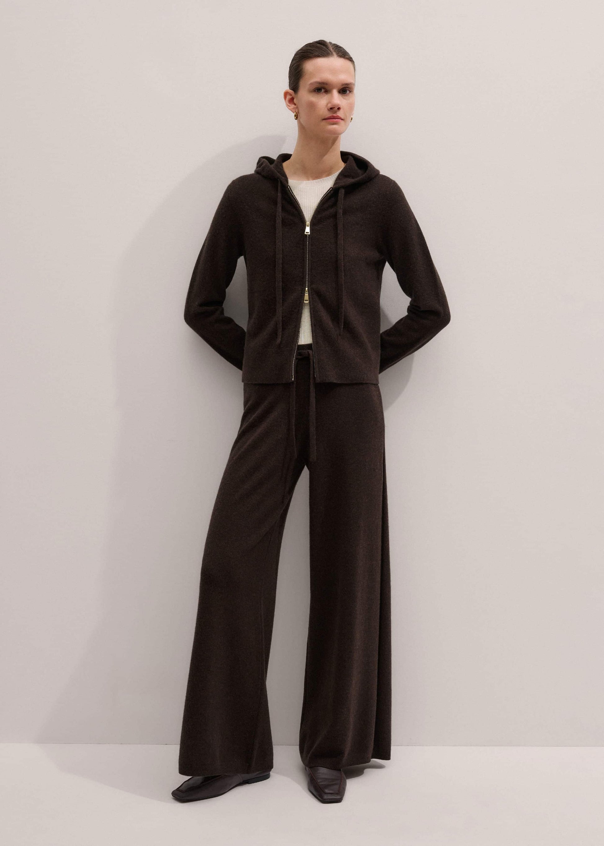 ME and EM Clothing Brown Cashmere Straight Hoodie + Wide-Leg Pant Knitted Co-ord