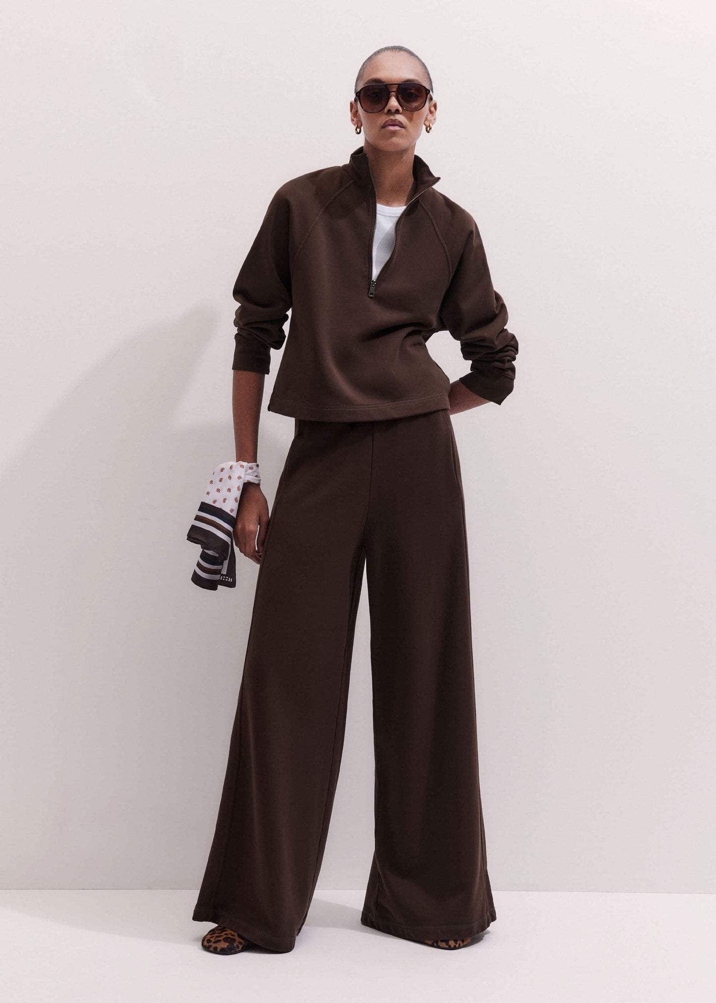 ME and EM Clothing Brown High Zip Neck Crop Top + Wide-Leg Track Pant Co-ord