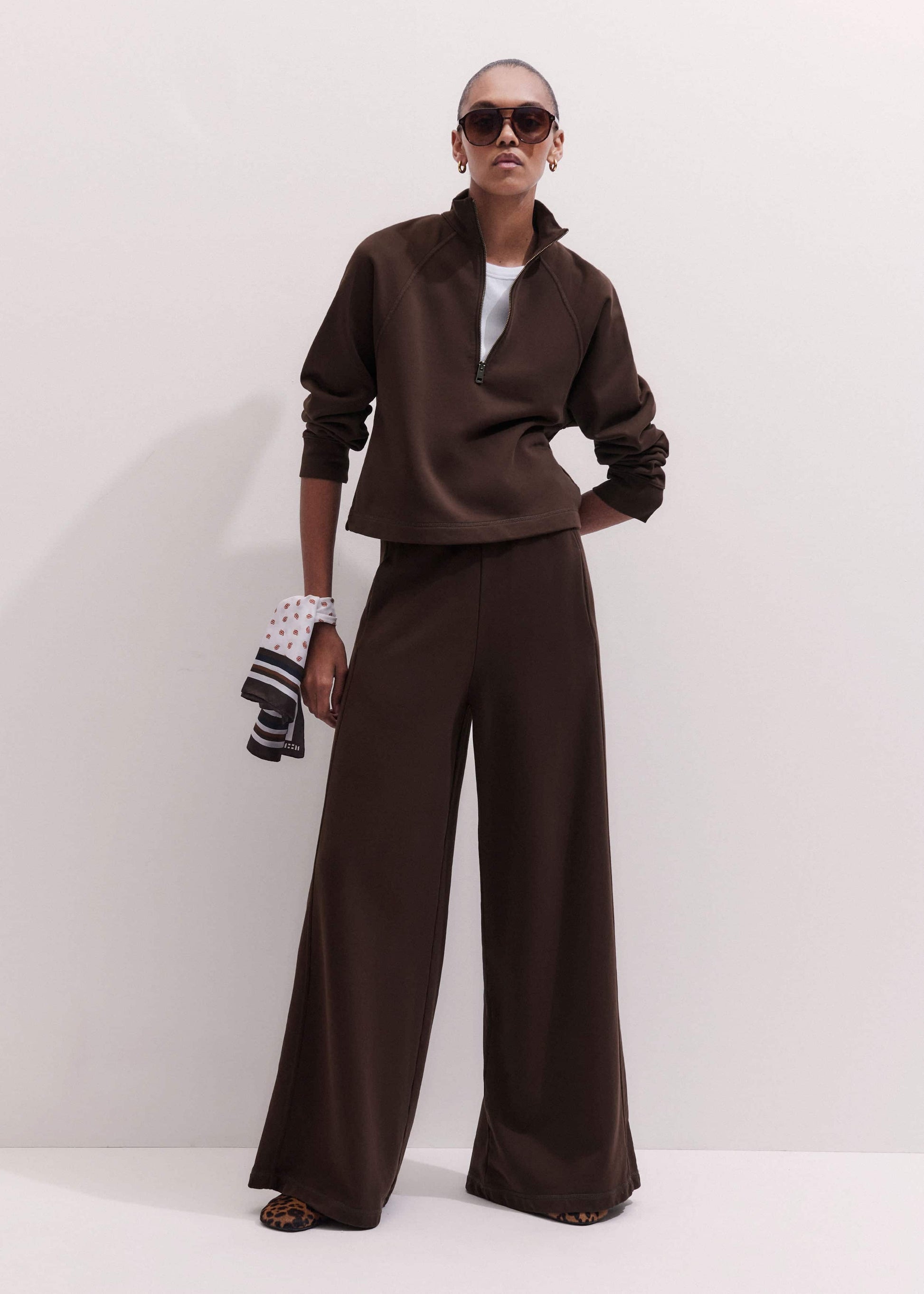 ME and EM Clothing Brown High Zip Neck Crop Top + Wide-Leg Track Pant Co-ord