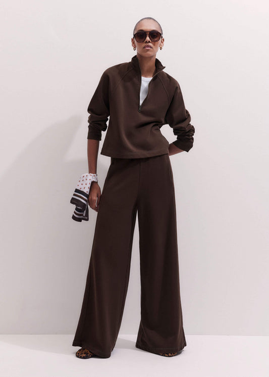 ME and EM Clothing Brown High Zip Neck Crop Top + Wide-Leg Track Pant Co-ord