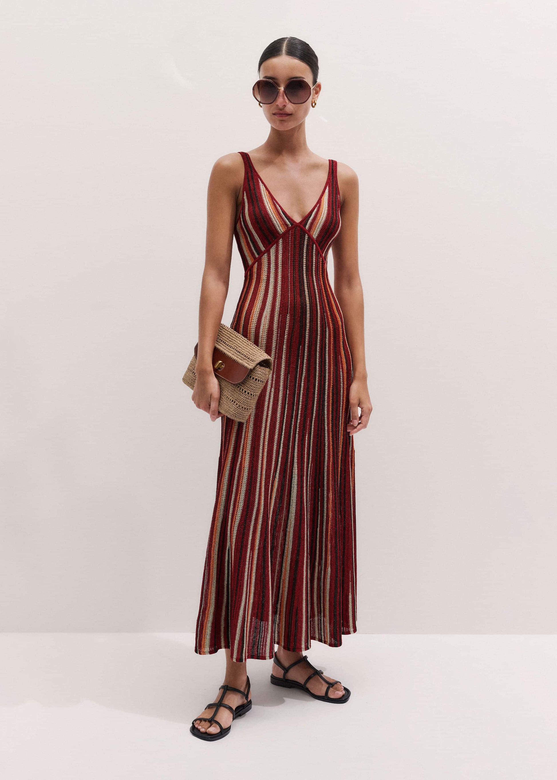 ME and EM Clothing Red Metallic Knit Maxi Dress