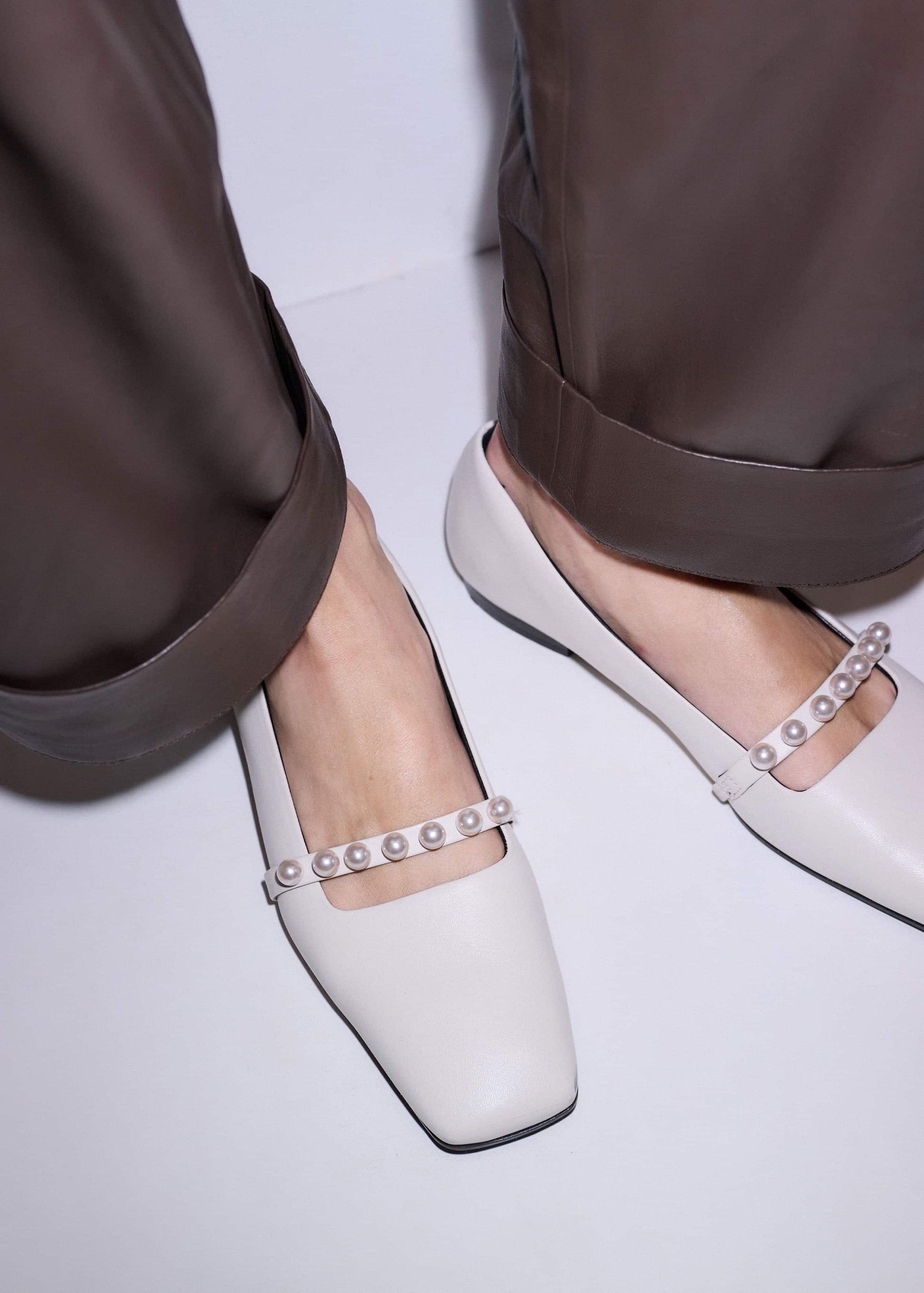 ME and EM Accessories Off White Faux Pearl Square Toe Ballerina Flat